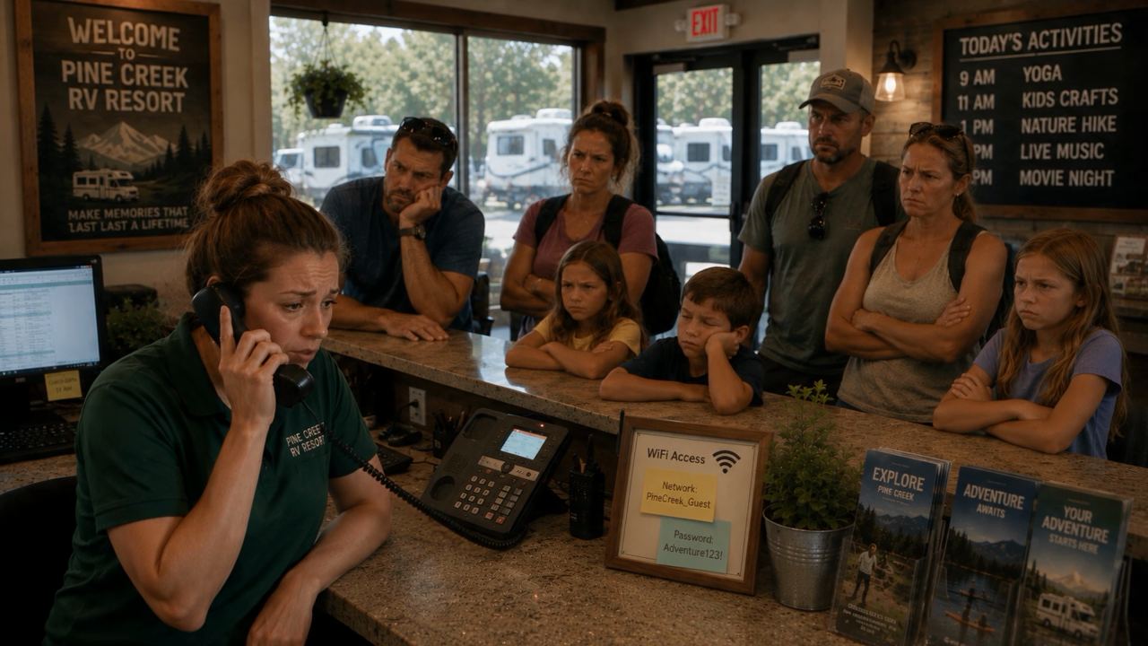 A park employee on the phone at the front desk while six guests wait in line to check in.